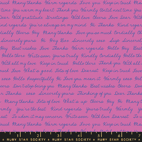 Salutations Hello Goodbye Writing in Heliotrope RS1096 15 - Ruby Star Society Sold by the Half Yard